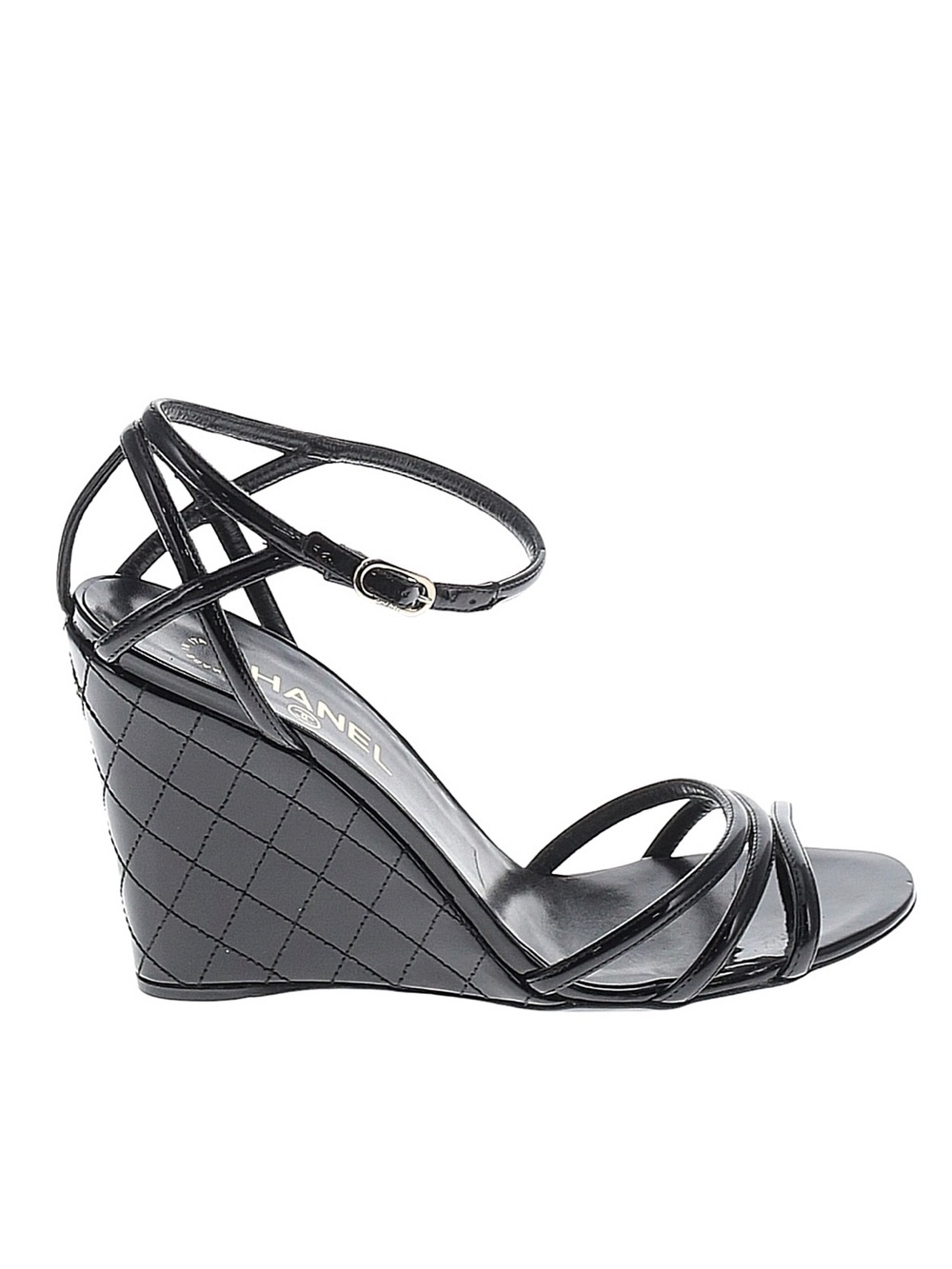 NEW CHANEL Black Quilted Patent Shine Leather Wedge Sandals Strappy Sz 40 US 10